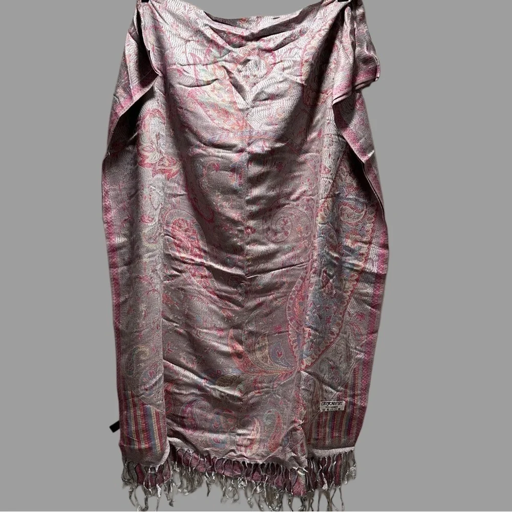 Elegant Shawl in Silver & Pink Paisley- Versatile Wrap, Scarf, Veil Soft Rayon